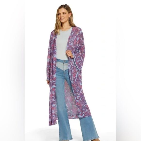 Jessica Simpson Blakely Paisley Print Scallop Edge Slv Boho Style Kimono XS - Picture 2 of 5